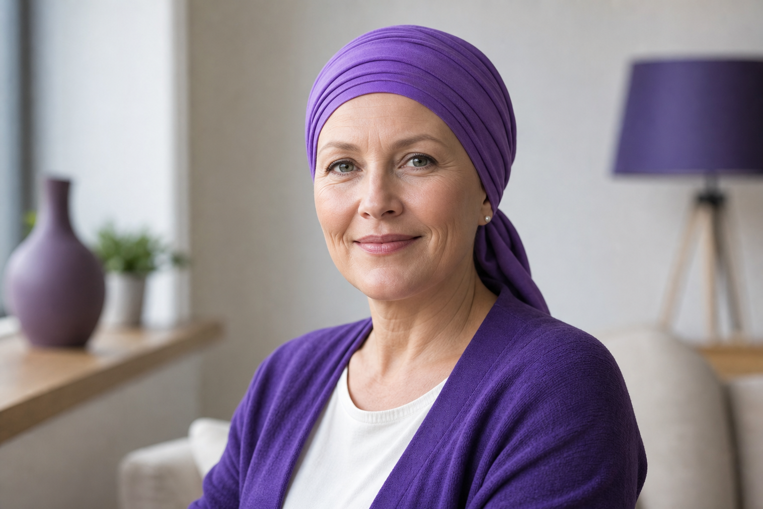Frau mit elegantem Kopftuch während der Chemotherapie, Blick auf blauen Turban auf empfindlicher Kopfhaut