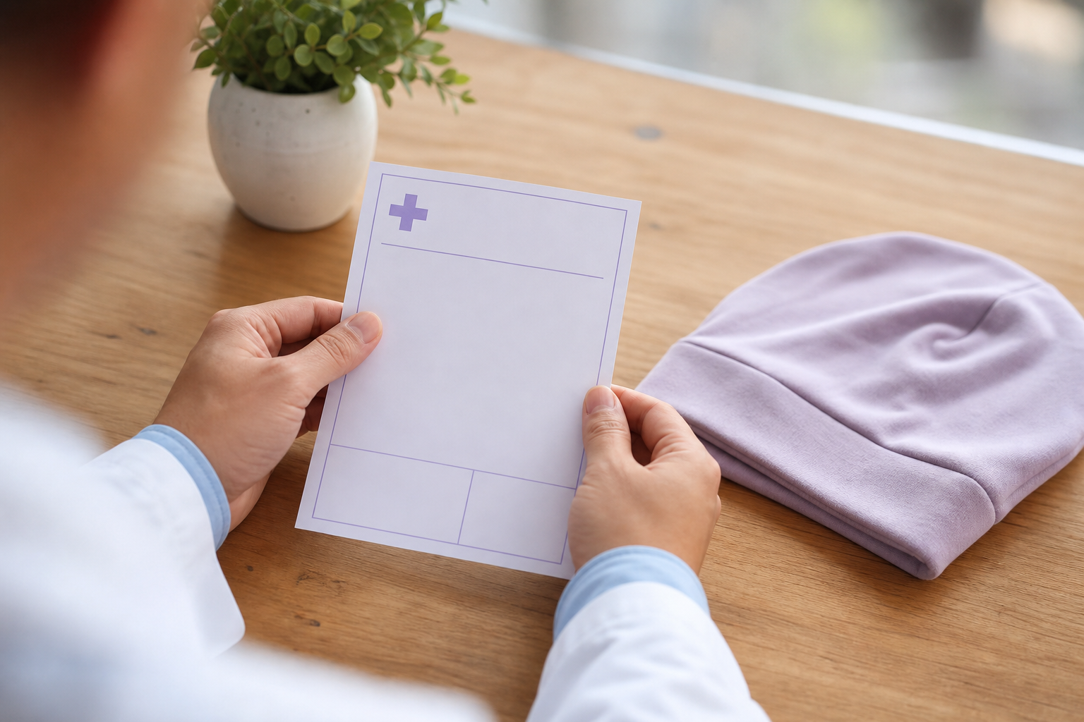 Person hält ein ärztliches Rezept für eine Kopfbedeckung bei Chemotherapie, neben einer weichen Bambusmütze auf einem Tisch.