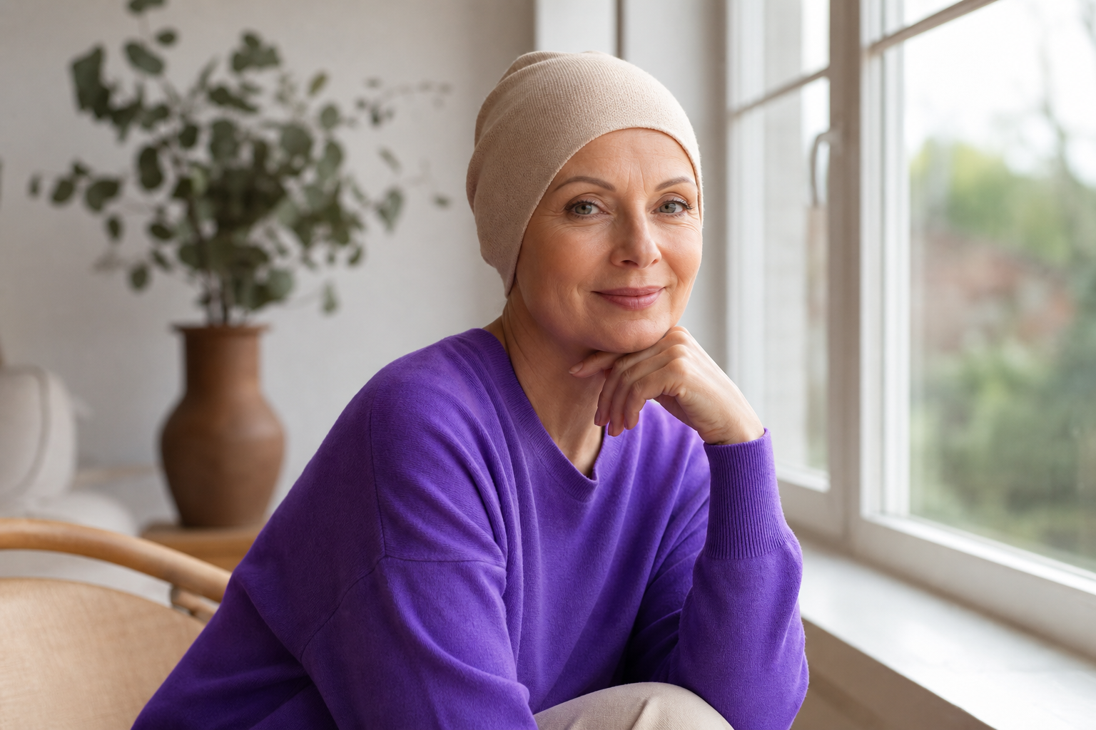 Frau trägt eine weiche Baumwoll-Chemo-Mütze in einem hellen Raum und wirkt ruhig und selbstbewusst.