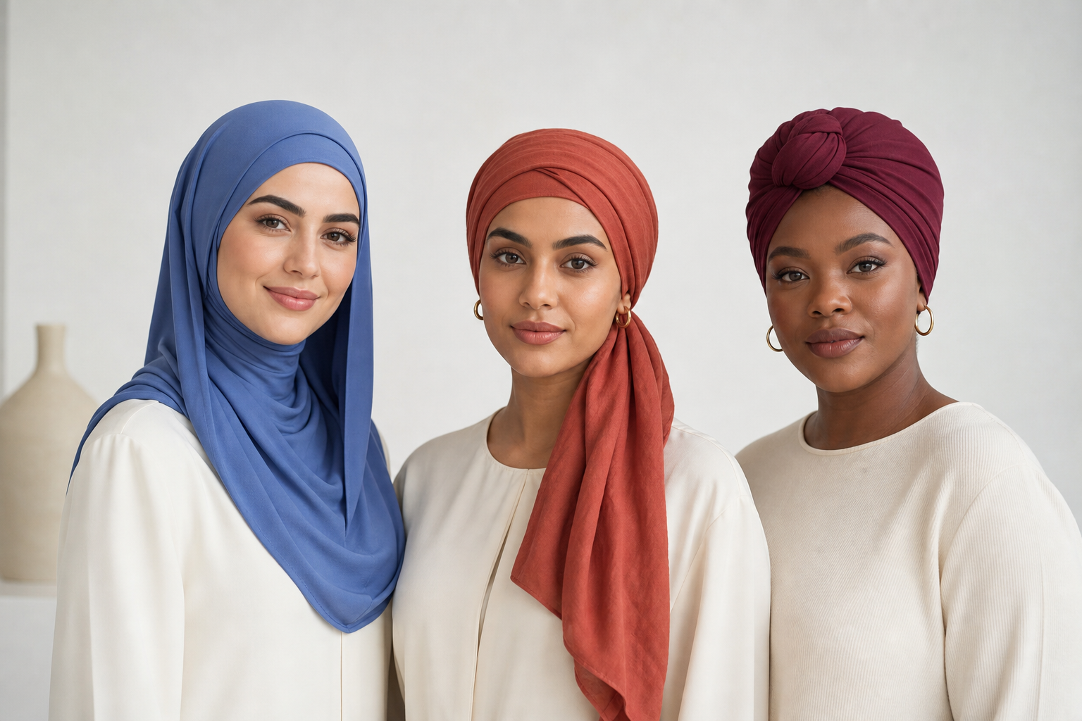 Drei Frauen zeigen verschiedene Kopftuchstile für Krebspatienten: ein vorgebundenes Modell, ein selbst gebundenes Tuch und einen Turban.