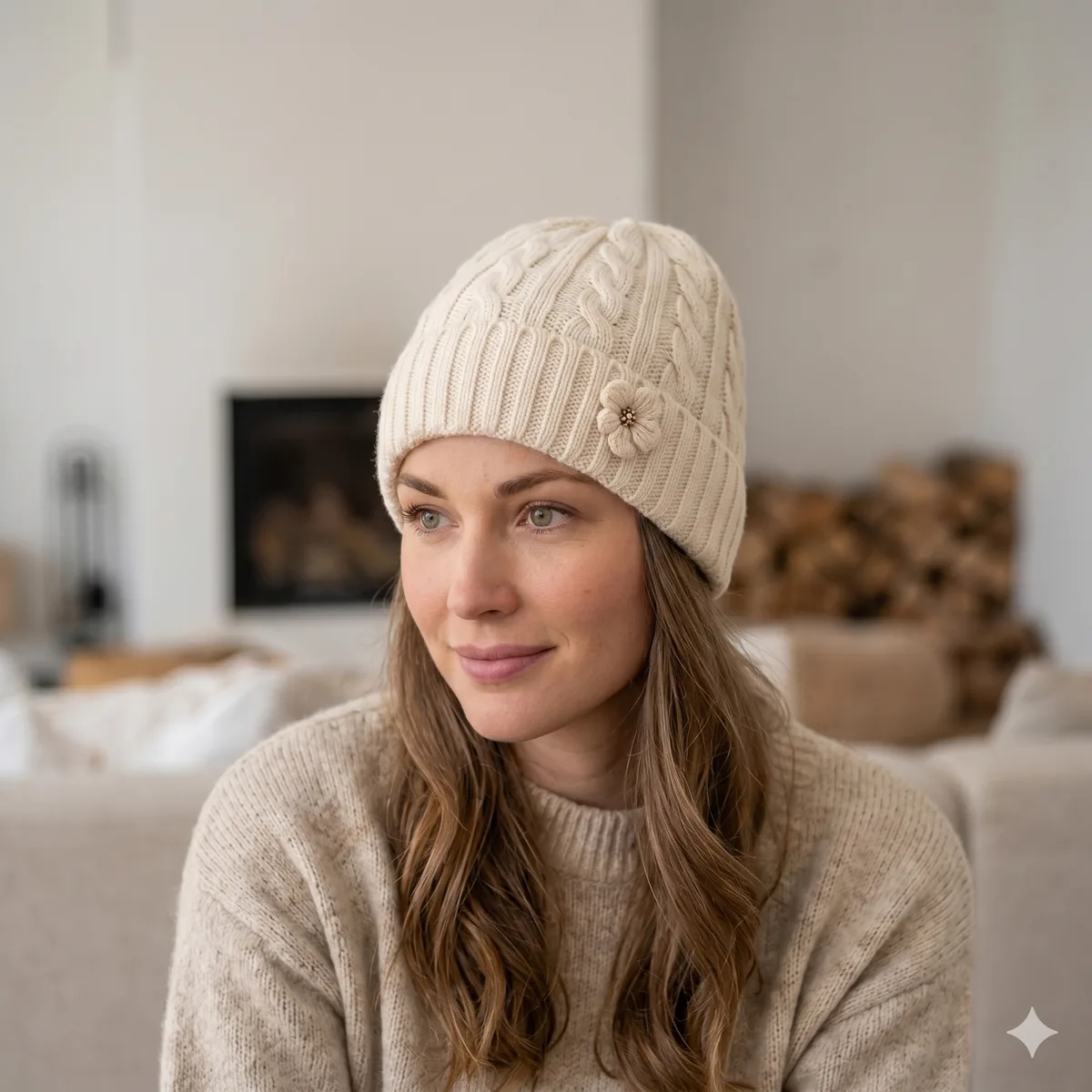 Frau zu Hause mit cremefarbener Chemo-Mütze