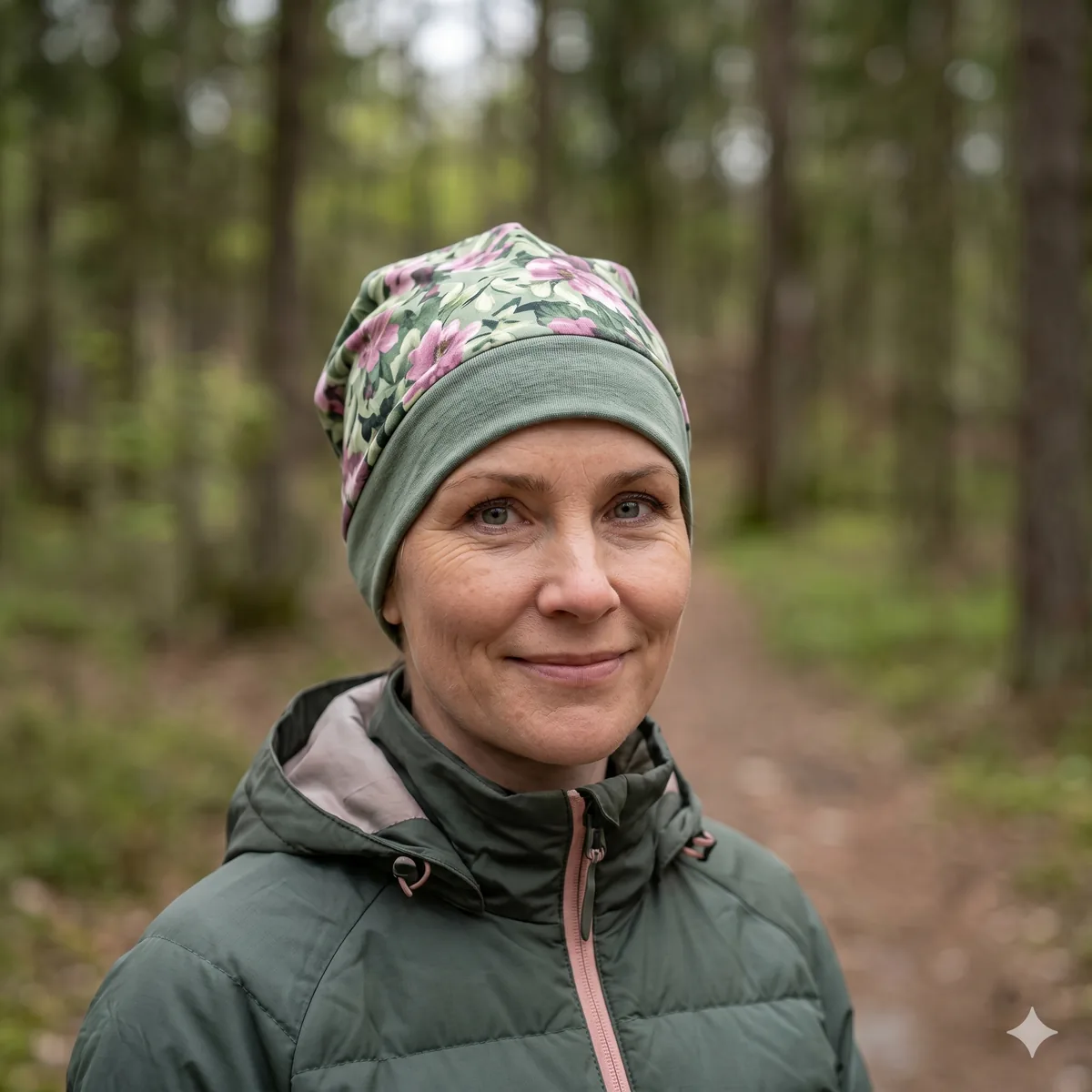 Frau im Wald mit grüner Chemo-Mütze
