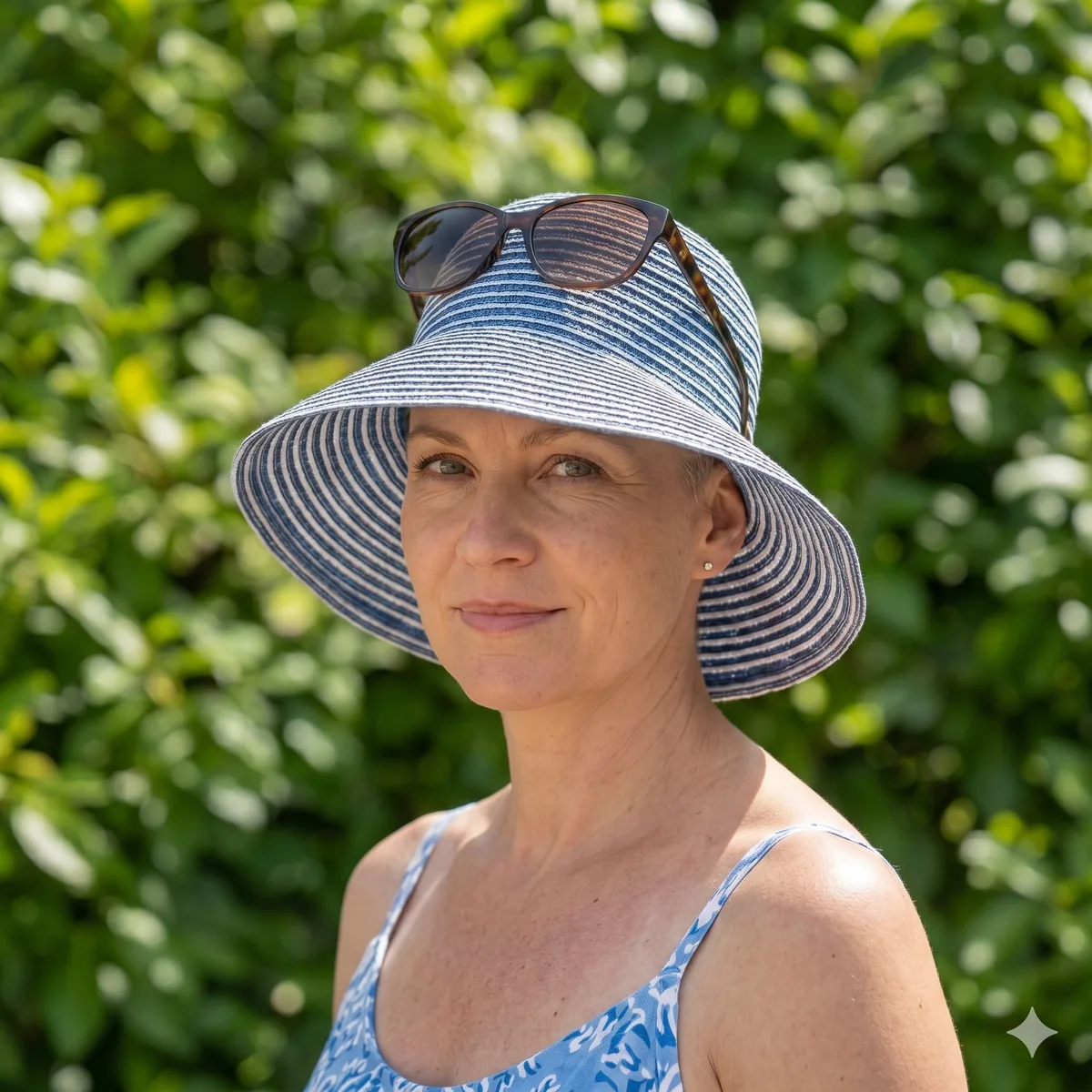 Frau im Freien mit blauem Sonnenhut